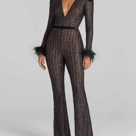 NADINE MERABI Black Sequin Jumpsuit with Feather Details